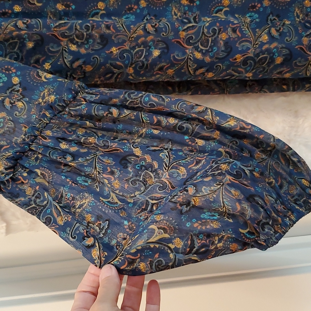 Gilli Blue long sleeve paisley print gold embellishment Med babydoll flirty - Picture 7 of 9